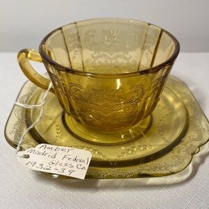 Federal Glass Madrid Amber Depression Glass Cup and Saucer set, 1932 - 1939.